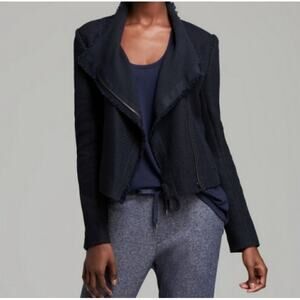 Free People Drape Front Moto Jacket Size 6 Denim Zipper Accents Raw Trim Boho‎